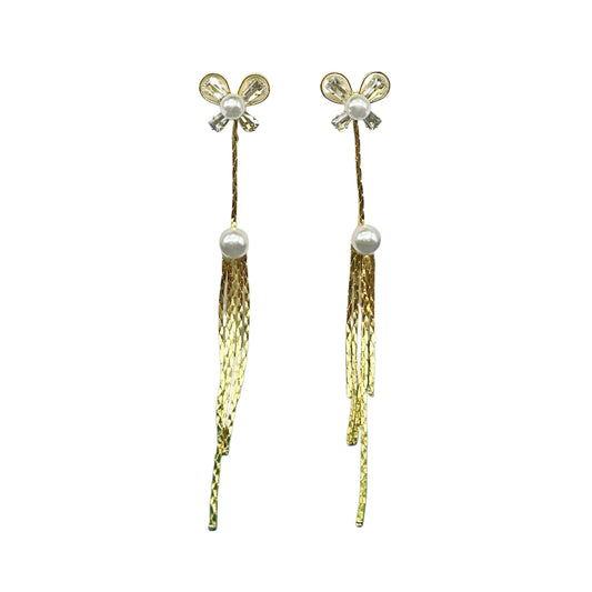Gold-Plated Bow & Pearl Long Drop Earrings – Elegant Statement with Feminine Flair 92.5 Silver Plating