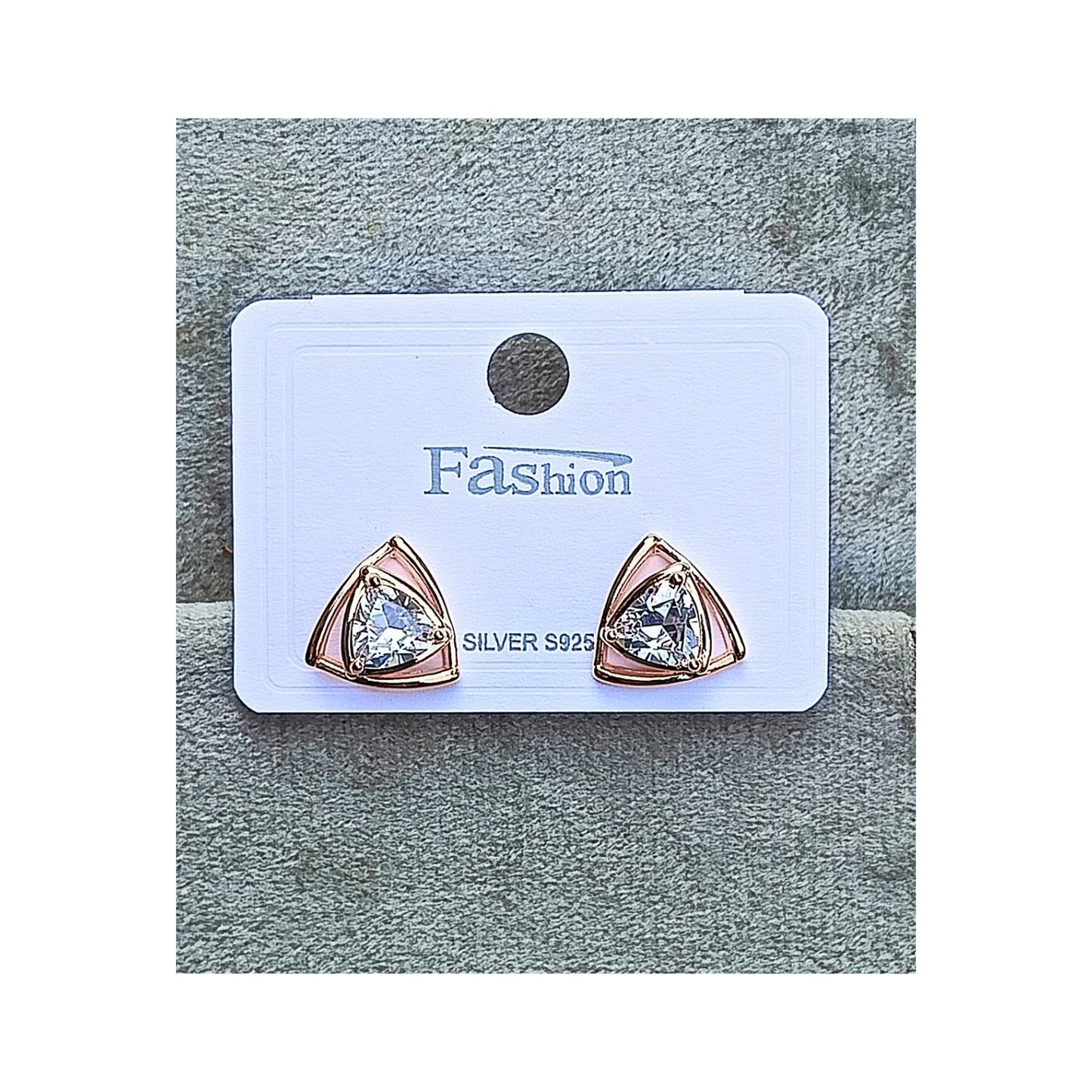 Elegant Triangle-Cut Crystal Stud Earrings – 925 Silver with Rose Gold Accents