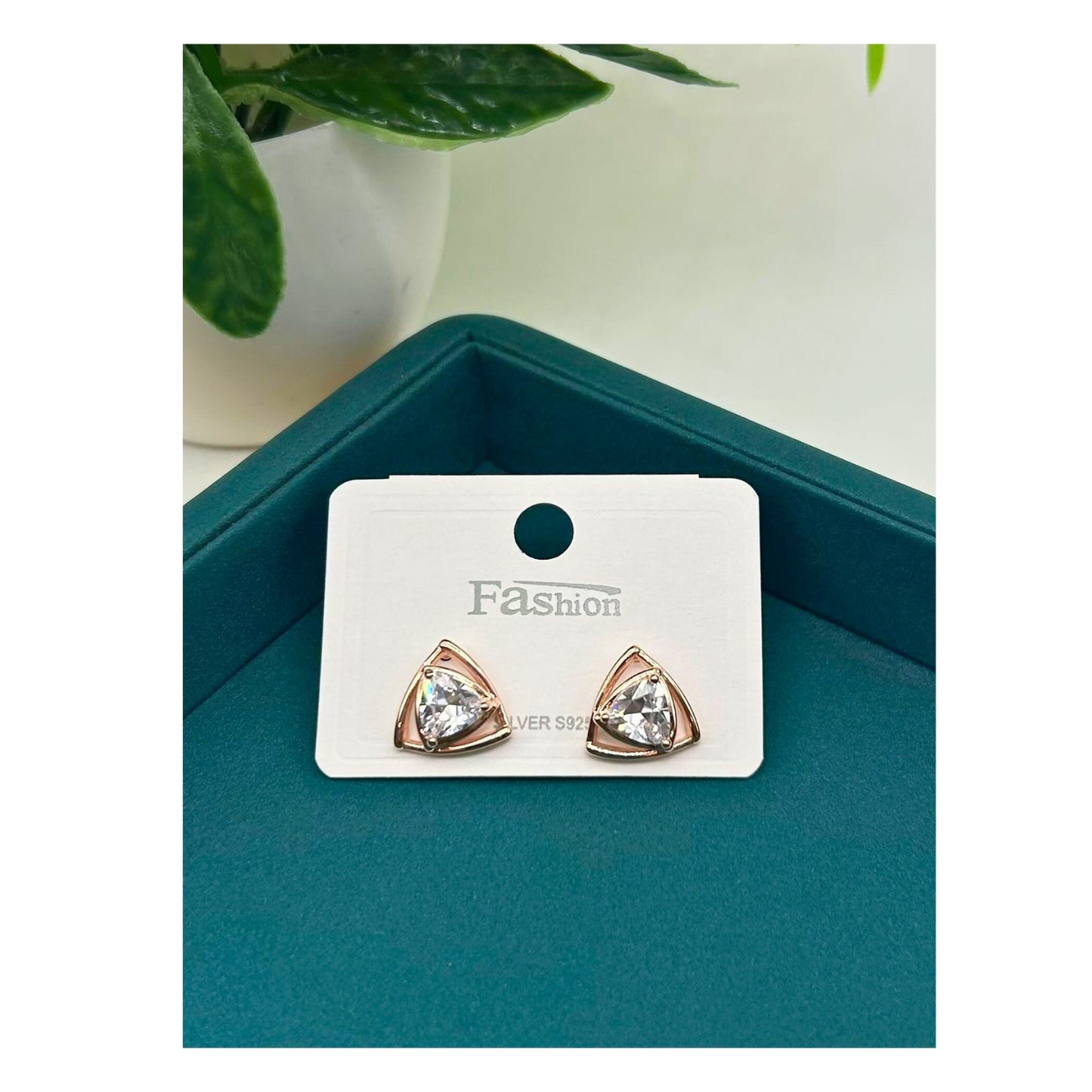 Elegant Triangle-Cut Crystal Stud Earrings – 925 Silver with Rose Gold Accents