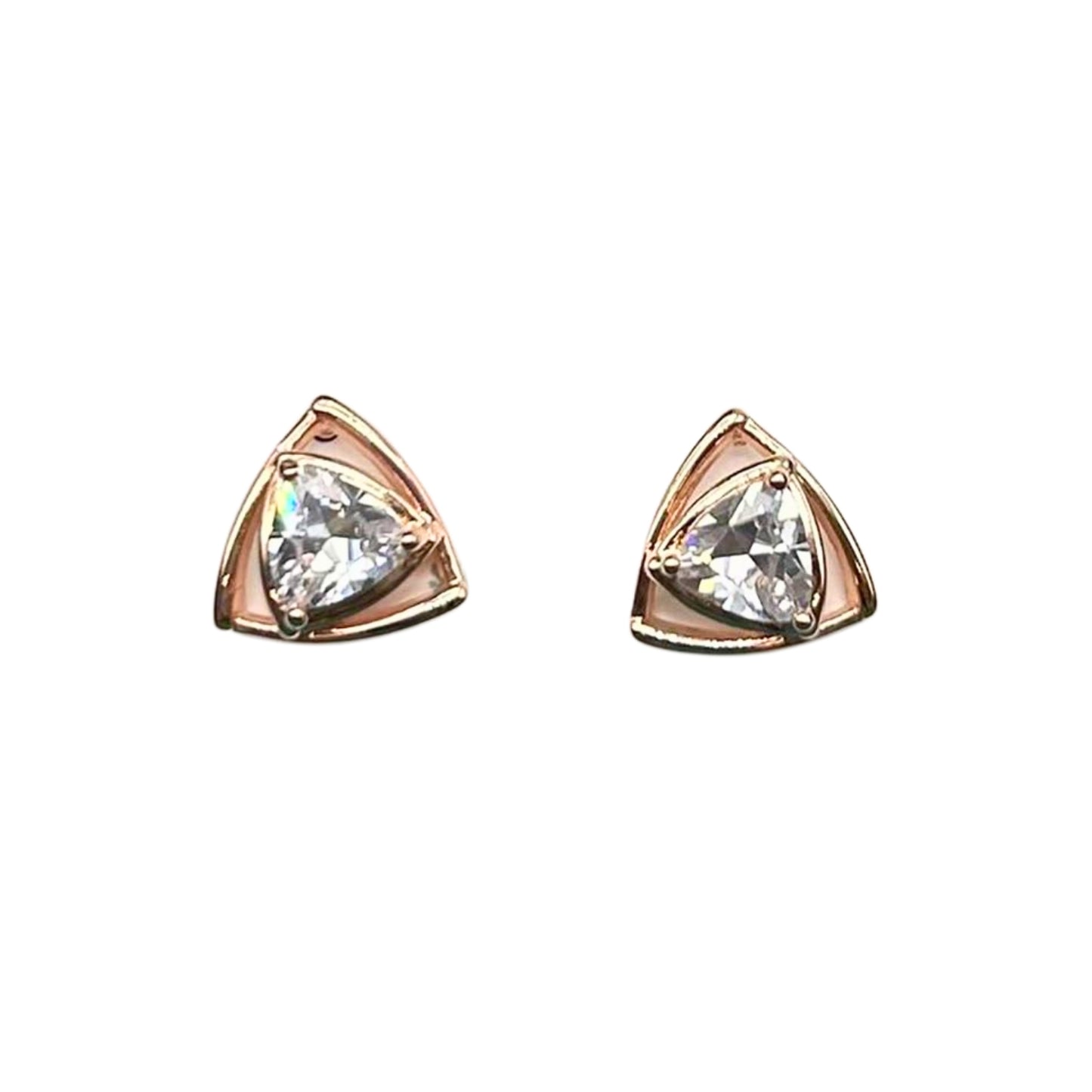 Elegant Triangle-Cut Crystal Stud Earrings – 925 Silver with Rose Gold Accents