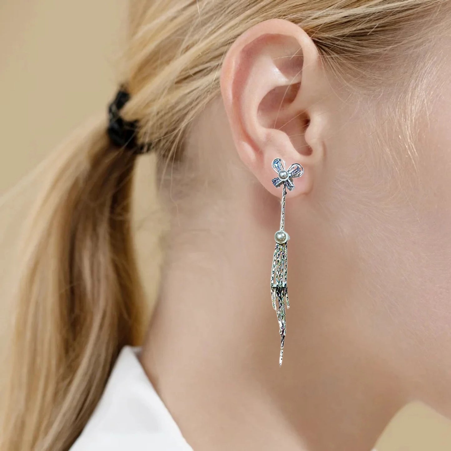 Silver-Plated Bow & Pearl Long Drop Earrings – Elegant Statement with Feminine Flair 92.5 Silver Plating