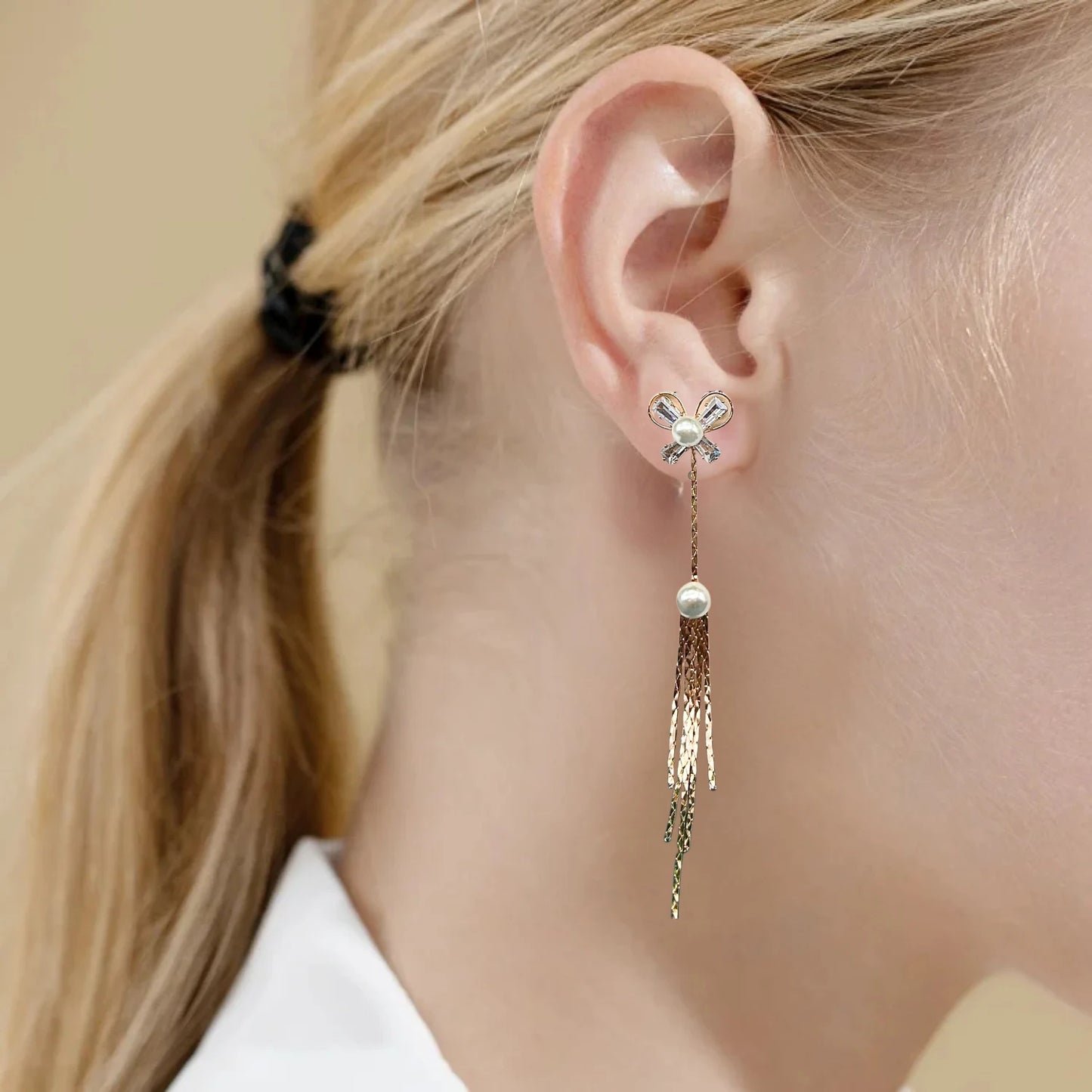 Rose gold-Plated Bow & Pearl Long Drop Earrings – Elegant Statement with Feminine Flair 92.5 Silver Plating