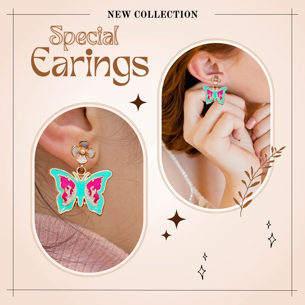 Colorful butterfly dangle earrings with turquoise and magenta enamel accents, paired with delicate gold-tone floral studs.