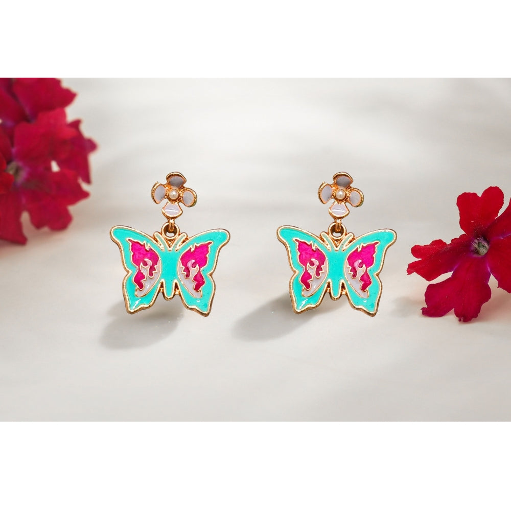 Colorful butterfly dangle earrings with turquoise and magenta enamel accents, paired with delicate gold-tone floral studs.