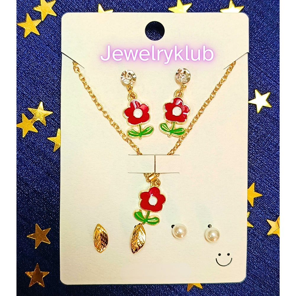 Jewelry Combo Set (1 Pendant Necklace Chain + 3 Pairs Stud Earrings) For Women and Girls (Design B)