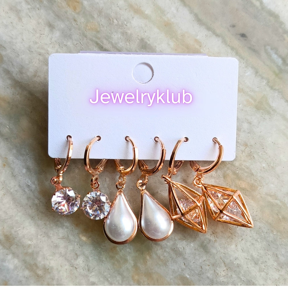 Combo Of 3 Pairs Rose Gold Plated Zircon Studded AD Earrings For Girls Women Design 5