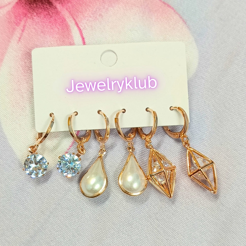 Combo Of 3 Pairs Rose Gold Plated Zircon Studded AD Earrings For Girls Women Design 5