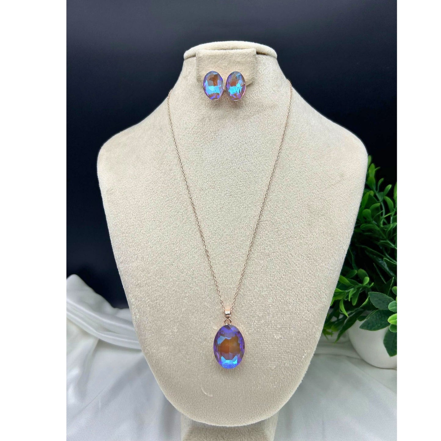 Jewelry Combo Set For Women and Girls Dark Blue Crystal Stone Pendant Chain with Matching Earrings