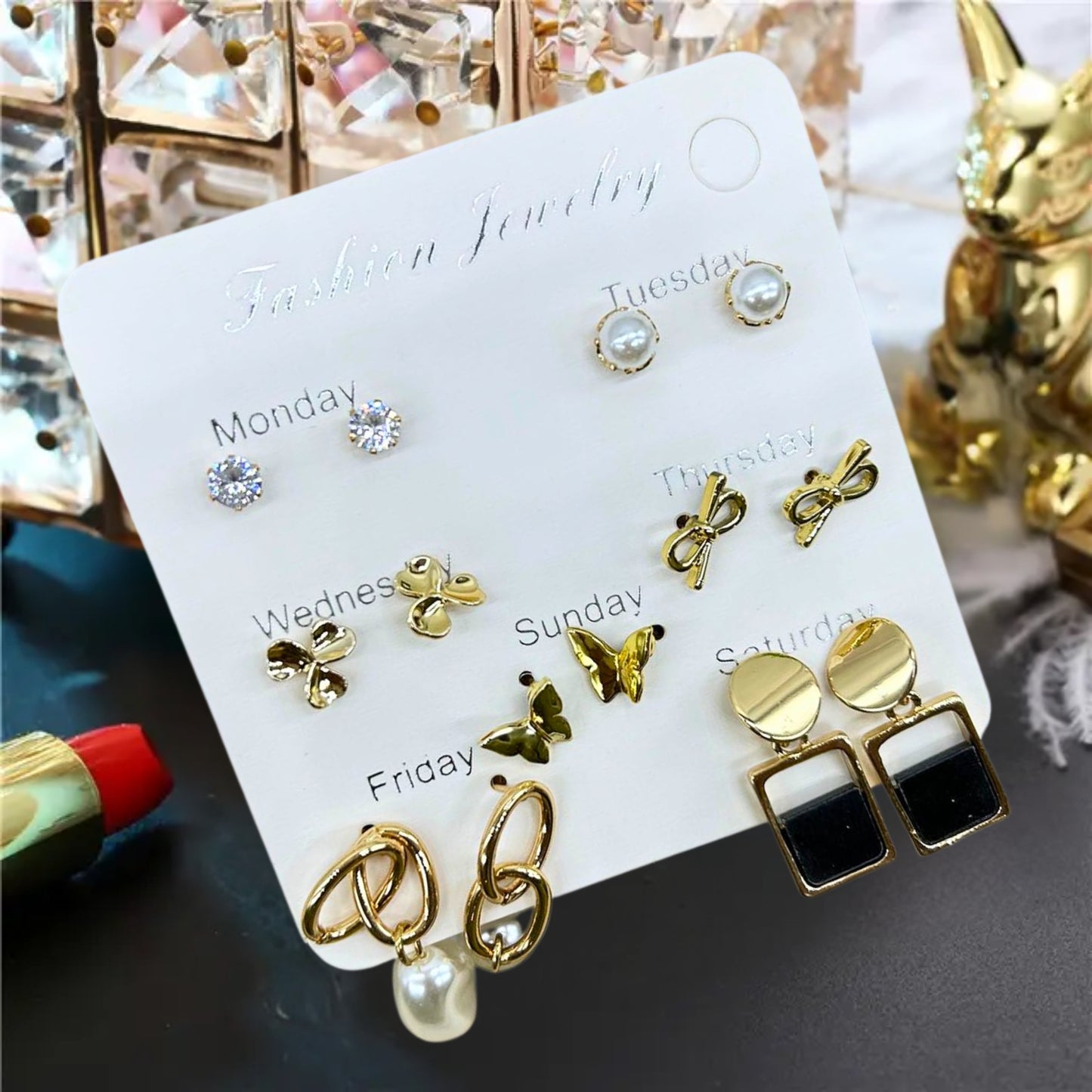7 Days of Gold - Elegant Weekly Earring Set by Jewelryklub Mix Design D