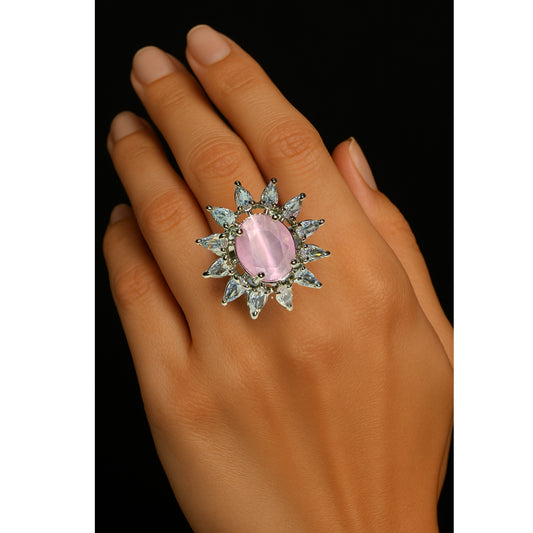 Adjustable American Diamond Ring With Pink Oval Colored Stone