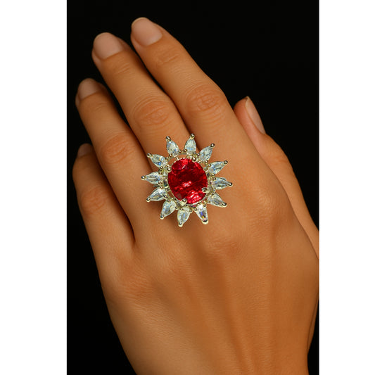 Adjustable American Diamond Ring With Red Oval Colored Stone