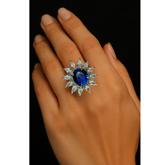 Adjustable American Diamond Ring With Blue Oval Colored Stone
