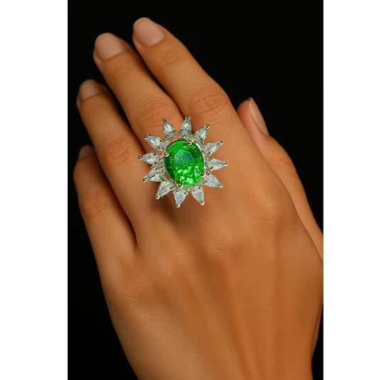 Adjustable American Diamond Ring With Green Oval Colored Stone